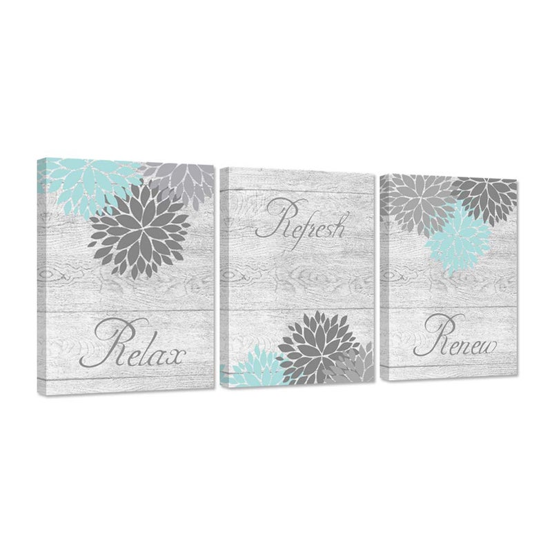 Zlove Teal and Grey Bathroom Wall Decor Dahlia Flower Painting Prints Relax Signs Artwork for Spa Yoga Room, 12"x16", 3Pcs - Image 1